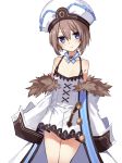  bare_shoulders blanc blancpig_yryr blue_eyes brown_hair commentary_request dress eyebrows_visible_through_hair flat_chest hair_between_eyes hat highres looking_at_viewer neptune_(series) short_hair simple_background smile solo white_background white_dress 