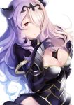  armor between_breasts breasts camilla_(fire_emblem_if) cleavage cleavage_cutout fire_emblem fire_emblem_if gauntlets hair_over_one_eye hand_in_hair horn_ornament large_breasts lavender_hair long_hair looking_at_viewer purple_eyes ringozaka_mariko simple_background solo strap_cleavage tiara upper_body white_background 