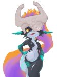  3d_rod! breasts fang grey_skin hands_on_hips headpiece midna multicolored_hair navel neon_trim one_eye_covered orange_hair pointy_ears purple_hair red_eyes simple_background small_breasts solo the_legend_of_zelda the_legend_of_zelda:_twilight_princess thigh_gap tongue tongue_out white_background wide_hips yellow_sclera 