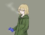  bangs banira_(oocooocooocoo) blonde_hair blue_eyes cigarette cigarette_box drawstring girls_und_panzer green_coat grey_background hand_in_pocket highres holding hooded_coat katyusha looking_at_viewer mouth_hold short_hair simple_background smoke smoking solo standing upper_body 