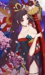  absurdres bangs blurry blurry_background branch breasts brown_hair cherry_blossoms cleavage commentary_request depth_of_field facial_mark forehead_mark from_side hand_up highres holding japanese_clothes kimono langya_beike large_breasts long_hair long_sleeves looking_at_viewer looking_to_the_side obi off_shoulder onmyoji parted_bangs parted_lips red_eyes sash side_slit smile solo standing very_long_hair youtouhime 