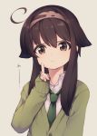  :t ahoge bangs blush brown_background brown_eyes brown_hair cardigan closed_mouth collared_shirt eyebrows_visible_through_hair fingernails green_cardigan green_neckwear hair_between_eyes hairband hand_up index_finger_raised long_hair long_sleeves natsuki_teru necktie original pout shikibe_ayaka shirt simple_background sleeves_past_wrists solo upper_body white_shirt 