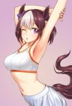  :o animal_ears arm_up armpits blush bow breasts brown_hair commentary_request eyebrows_visible_through_hair hair_bow horse_ears horse_girl horse_tail large_breasts lips looking_at_viewer midriff multicolored_hair navel one_eye_closed open_mouth poripori purple_bow purple_eyes short_hair simple_background skirt solo special_week sports_bra strap_gap stretch tail two-tone_hair umamusume upper_body white_hair white_skirt 