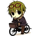  1boy anzu_(o6v6o) bicycle bicycle_basket black_pants chibi crossed_arms eyewear_on_head full_body genderswap genderswap_(ftm) glasses green_hair grey_hoodie ground_vehicle gumiya hood hoodie jacket lowres male_focus mouth_hold navy_blue_jacket pants red-framed_eyewear solo vocaloid white_background 