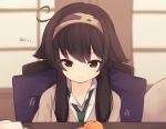  ahoge bangs blurry blurry_background blush brown_cardigan brown_eyes brown_hair cardigan closed_mouth collared_shirt depth_of_field eyebrows_visible_through_hair food fruit green_neckwear hair_flaps hairband indoors kotatsu long_hair looking_away looking_down mandarin_orange natsuki_teru necktie original school_uniform shikibe_ayaka shirt sitting solo table translation_request white_shirt zaisu 