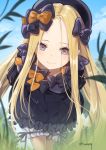  abigail_williams_(fate/grand_order) bangs black_bow black_dress black_hat blonde_hair blue_eyes blue_sky blurry blurry_foreground bow bug butterfly closed_mouth cloud day depth_of_field dress fate/grand_order fate_(series) forehead hair_bow hat insect leaning_forward long_hair long_sleeves orange_bow outdoors parted_bangs polka_dot polka_dot_bow sky sleeves_past_fingers sleeves_past_wrists smile solo tyone very_long_hair 