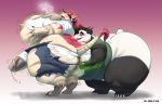  2018 anthro bear belly big_belly big_breasts blush breasts butt claws clothed clothing cum digital_media_(artwork) duo erection female fur gillpanda gillpanda_(character) hair huge_breasts male male/female mammal nipples open_mouth overweight panda penis simple_background solo standing teeth thick_thighs tongue transformation 
