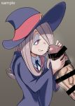  1girl 4shi bar_censor censored eyeshadow grin hair_over_one_eye half-closed_eyes handjob hat hetero huge_penis little_witch_academia luna_nova_school_uniform makeup penis precum purple_hair red_eyes sample smile solo_focus sucy_manbavaran witch_hat 