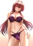 arms_at_sides ass_visible_through_thighs blush bra breasts brown_hair check_commentary cleavage commentary_request cowboy_shot eyebrows_visible_through_hair fate/grand_order fate_(series) gradient gradient_background hair_between_eyes hair_intakes highres lace lace-trimmed_bra lace_bra lace_panties lingerie long_hair mashu_003 multi-strapped_panties navel panties parted_lips purple_bra purple_hair purple_panties red_eyes scathach_(fate)_(all) scathach_(fate/grand_order) signature simple_background solo standing underwear underwear_only 