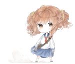  :/ ahoge bad_id bad_pixiv_id bangs blue_sailor_collar blue_skirt blush brown_eyes brown_footwear brown_hair chibi closed_mouth cottontailtokki dust_cloud eyebrows_visible_through_hair hair_between_eyes hair_ornament hair_scrunchie head_tilt holding kneehighs long_sleeves looking_at_viewer neckerchief pleated_skirt poptepipic popuko red_neckwear sailor_collar school_uniform scrunchie serafuku shirt skirt solo standing two_side_up v-shaped_eyebrows white_background white_legwear white_shirt yellow_scrunchie 