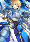  1girl armor armored_dress artoria_pendragon_(all) blonde_hair blue_ribbon braid breastplate commentary_request excalibur fate/grand_order fate_(series) french_braid gauntlets green_eyes hair_bun hair_ribbon highres looking_at_viewer parted_lips pixiv_fate/grand_order_contest_2 revision ribbon saber solo sword weapon 