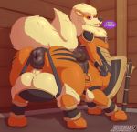  2018 absurd_res anus arcanine arcy_the_arcanine armor ball_bra balls big_balls big_butt butt canine fantasy fur hi_res huge_balls huge_butt hyper hyper_anus hyper_balls impaledwolf looking_at_viewer mace mammal melee_weapon moobs nintendo open_mouth pok&eacute;mon pok&eacute;mon_(species) purple_eyes rear_view saddle shield slightly_chubby solo speech_bubble taur text thick_thighs unconvincing_armor video_games weapon 