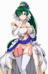  absurdres bangs bare_shoulders blue_sash blush breasts bridal_veil bride choker cleavage commentary_request detached_sleeves dress earrings eyebrows_visible_through_hair fire_emblem fire_emblem:_rekka_no_ken fire_emblem_heroes flower garter_straps green_eyes green_hair hair_flower hair_ornament hairband hand_on_own_chin highres jewelry large_breasts long_hair looking_at_viewer lyndis_(fire_emblem) necklace ormille panties ponytail sash simple_background skirt skirt_lift solo thighs underwear veil wedding_dress white_background white_dress white_legwear 