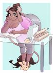  2016 anthro bag baking bent_over big_breasts book bovine breasts brown_eyes brown_hair cattle cleavage clothed clothing dark_skin egg eyewear fangdangler female floppy_ears glasses gloria_cow hair hi_res horn long_hair looking_down mammal mature_female pants pink_nose slippers smile solo tight_clothing 