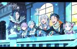  2boys 4girls absurdres bangsutur beatrice blonde_hair blue_hair cup drill_hair drinking_glass earmuffs emilia_(re:zero) gloves highres long_hair maid multiple_boys multiple_girls natsuki_subaru pink_hair pink_ribbon puck_(re:zero) railing ram_(re:zero) re:zero_kara_hajimeru_isekai_seikatsu rem_(re:zero) ribbon roswaal_l._mathers scarf short_hair snowing twin_drills white_hair window wine_glass winter_clothes 