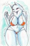  2016 anthro big_breasts blue_fur blush breasts canine clothing cocolog female fur green_eyes hi_res huge_breasts japanese looking_at_viewer mammal open_mouth roko_(cocolog) simple_background sketch solo swimsuit thick_thighs wide_hips wolf 