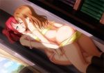  aqua_eyes ass blush bookshelf bra brown_hair collarbone commentary_request curtains dutch_angle eye_contact face-to-face holding_hands indoors kiss kunikida_hanamaru kurosawa_ruby leg_between_thighs long_hair looking_at_another love_live! love_live!_sunshine!! multiple_girls open_mouth panties panty_pull pink_bra pink_panties red_hair strap_slip takamin_apaman two_side_up underwear underwear_only window yellow_bra yellow_panties yuri 