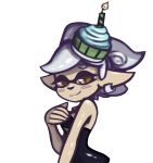  +_+ 1girl bare_shoulders blush blush_stickers breasts candle covering_breasts cupcake earrings female fire food food_on_head from_side half-closed_eyes hand_up hotaru_(splatoon) looking_at_viewer medium_breasts object_on_head pointy_ears shiny shiny_skin short_hair smile solo splatoon splatoon_1 starshippizza strapless tentacle tentacle_hair transparent_background upper_body white_hair yellow_eyes 