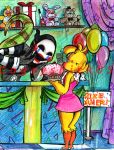  anthro avian balloon beak bird blush box cageyshick05_(artist) chicken clothed clothing cupcake curtains dress duo english_text feathers female five_nights_at_freddy&#039;s five_nights_at_freddy&#039;s_2 food gift gloves guitar hi_res lizard male marionette_(fnaf) mask microphone musical_instrument open_mouth plushie reptile ribbons scalie simple_background smile standing text toy toy_chica_(fnaf) traditional_media_(artwork) video_games 