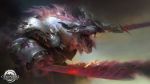  4_horns abstract_background amazing ambiguous_gender anthro armor blindfold charr feline fur guild_wars horn mammal melee_weapon official_art open_mouth semi-anthro solo sword teeth tongue unknown_artist video_games weapon white_fur 