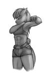  2016 abs anthro anthrofied applejack_(mlp) bulge clothing dickgirl equine freckles friendship_is_magic greyscale hi_res horse intersex krd mammal monochrome muscular my_little_pony pony pose shorts simple_background sketch solo stretching white_background 