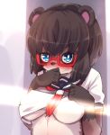  1girl blue_eyes brown_hair censored furry glasses light_censor light_rays raccoon solo yuuki_(yuyuki000) 