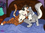  2018 anthro bed breast_grab breasts cuddling duo feline female female/female fur grey_hair hair hand_on_breast inside leopard mammal mature_female mizukiki_(artist) navel nipples nude on_bed pubes pussy sitting slightly_chubby smile snow_leopard spots spotted_fur spread_legs spreading striped_fur stripes tiger toeless_(marking) vase 