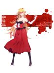  bare_shoulders black_legwear blonde_hair breasts character_name cleavage commentary_request corset dress elbow_gloves fur-trimmed_dress fur-trimmed_gloves fur_trim gloves hair_between_eyes high_heels highres kiss-shot_acerola-orion_heart-under-blade kizumonogatari ks_(minusks) large_breasts long_hair monogatari_(series) pantyhose pointy_ears red_dress solo strapless strapless_dress white_footwear white_gloves yellow_eyes zoom_layer 