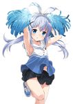  absurdres armpits arms_up bangs black_skirt blue_eyes blue_footwear blue_hair blush cheerleader collarbone collared_shirt commentary_request eyebrows_visible_through_hair gochuumon_wa_usagi_desu_ka? hair_between_eyes hair_ornament hair_ribbon highres kafuu_chino kneehighs long_hair looking_at_viewer low_twintails mousou_(mousou_temporary) navel parted_lips pleated_skirt pom_poms ribbon shirt shoes sidelocks simple_background skirt sleeveless sleeveless_shirt solo standing standing_on_one_leg twintails very_long_hair white_background white_legwear white_ribbon x_hair_ornament 