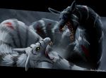  black_bars black_fur blood blue_eyes digital_media_(artwork) dragon duo feral fur furred_dragon open_mouth soulsplosion teeth tongue yellow_eyes 