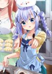  :d absurdres angora_rabbit animal animal_on_head apron bangs blue_apron blue_eyes blue_hair blurry blurry_background blush braid bread brown_hair bunny chocolate chocolate_on_fingers closed_mouth collarbone commentary_request depth_of_field eyebrows_visible_through_hair fingernails food gochuumon_wa_usagi_desu_ka? green_apron green_skirt hair_between_eyes hair_ornament head_out_of_frame head_tilt highres hoto_mocha indoors kafuu_chino long_hair long_sleeves looking_at_viewer mixing_bowl mousou_(mousou_temporary) multiple_girls on_head open_mouth outstretched_arm shirt skirt smile solo_focus spatula tippy_(gochiusa) twin_braids twintails white_shirt wooden_floor x_hair_ornament yellow_shirt 