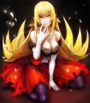  bakemonogatari bare_shoulders blonde_hair breasts cleavage commentary_request dress elbow_gloves fur-trimmed_dress fur-trimmed_gloves fur_trim gloves hand_to_own_mouth harunatsu_akifumi highres kiss-shot_acerola-orion_heart-under-blade kizumonogatari large_breasts licking_lips long_hair looking_at_viewer monogatari_(series) pantyhose pointy_ears purple_legwear red_dress solo strapless strapless_dress tongue tongue_out very_long_hair white_gloves yellow_eyes 