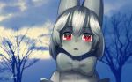  alternate_color animal_ears bow bowtie cerval cloud commentary eyebrows_visible_through_hair grey_skin hair_between_eyes kemono_friends looking_at_viewer outdoors parted_lips red_eyes short_hair signature silver_hair solo welt_(kinsei_koutenkyoku) 