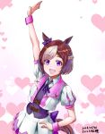  :d animal_ears arm_up artist_name bow brown_hair dated ear_ribbon hand_on_hip heart horse_ears horse_girl horse_tail multicolored_hair open_mouth puffy_short_sleeves puffy_sleeves purple_bow purple_eyes purple_ribbon ribbon saikura_noushu short_hair short_sleeves skirt smile solo special_week tail two-tone_hair umamusume wristband 