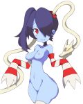  1girl bare_shoulders blue_hair blue_skin breasts detached_collar detached_sleeves hair_over_one_eye nipples nude pussy red_eyes skullgirls solo squigly_(skullgirls) stitched_mouth stitches striped striped_sleeves zombie 