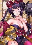  2018 absurdres breasts cleavage dated eyebrows_visible_through_hair fate_(series) finger_to_mouth highres japanese_clothes katsushika_hokusai_(fate/grand_order) kimono love-saber medium_breasts obi octopus pixiv_fate/grand_order_contest_2 purple_eyes purple_hair sash short_hair solo tokitarou_(fate/grand_order) 