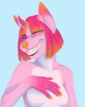  anthro breasts canine featureless_breasts female hair horn hybrid looking_at_viewer mammal mars.cacxtus nude one_eye_closed sharp_teeth smile solo teeth 