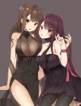  ahoge alternate_costume arm_support armlet bangs black_dress black_legwear blunt_bangs blush breasts brown_hair canape_(canape0130) casual choker cleavage collarbone commentary covered_navel dress dsr-50_(girls_frontline) earrings eyebrows_visible_through_hair girls_frontline hair_ornament hand_in_another's_hair head_tilt highres jewelry large_breasts leaning leaning_back long_hair looking_at_viewer multiple_girls necklace no_bra open_mouth pantyhose pendant purple_hair red_eyes red_ribbon ribbon ring ruby_(stone) sideboob sidelocks simple_background skindentation smile strapless strapless_dress thighs very_long_hair wa2000_(girls_frontline) wedding_band wrist_ribbon 