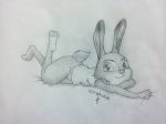  2018 3_toes 4_fingers anthro bottomless clothed clothing dipstick_ears disney female fur greyscale judy_hopps lagomorph looking_at_viewer lying mammal monochrome multicolored_fur on_front rabbit shirt simple_background smile solo toes two_tone_fur yordraw zootopia 