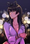  alternate_costume artist_name black_hair blake_belladonna bow breasts city_lights cleavage commentary hair_bow highres jacket kio_rojine looking_afar rwby solo yellow_eyes 