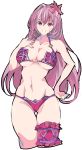  :d bikini bracelet breasts collarbone commentary_request enpe fate/grand_order fate_(series) flower hair_flower hair_intakes hair_ornament hand_on_hip hand_on_own_chest hibiscus highres jewelry large_breasts leg_garter looking_at_viewer navel open_mouth pink_bikini purple_bikini purple_hair red_eyes scathach_(fate)_(all) scathach_(swimsuit_assassin)_(fate) smile solo swimsuit thighs white_background 