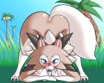  alolan_exeggutor anthro anthrofied bent_over big_breasts blue_eyes blush breast_squish breasts brown_fur claws erect_nipples female fur looking_at_viewer lycanroc midday_lycanroc nintendo nipples nude outside pok&eacute;mon pok&eacute;mon_(species) pok&eacute;morph regional_variant solo video_games white_fur yokuvika 