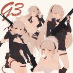  ^_^ absurdres battle_rifle blonde_hair blush breasts character_name cleavage closed_eyes commentary_request g3_(girls_frontline) girls_frontline gun h&amp;k_g3 highres holding holding_gun holding_weapon jewelry long_hair looking_at_viewer muike multiple_views naked_towel necklace purple_eyes rifle sideboob smile thigh_strap torn_clothes towel towel_on_head weapon 