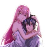  1boy 1girl bangs black_hair blue_eyes blue_horns collarbone couple darling_in_the_franxx fringe green_eyes guto_strife hand_on_another&#039;s_back hand_on_another&#039;s_head hetero hiro_(darling_in_the_franxx) horns hug long_hair looking_at_viewer nightgown oni_horns pink_hair red_horns shirtless short_hair signature white_pajamas zero_two_(darling_in_the_franxx) 