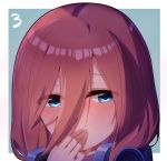  blue_background blue_eyes blush covering_mouth ddt_(darktrident) eyes_visible_through_hair face go-toubun_no_hanayome hair_over_face hand_over_own_mouth headphones headphones_around_neck looking_at_viewer medium_hair nakano_miku number portrait red_hair shiny shiny_hair simple_background upper_body 