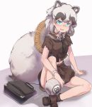  alcohol animal_ears bag blue_eyes blush bookbag boots brown_hair commentary commentary_request eyebrows_visible_through_hair gourd grey_hair hat inugami_gyoubu_(kemono_friends) kemono_friends midriff multicolored_hair neckerchief pleated_skirt raccoon_ears sailor_collar school_uniform serafuku short_hair short_sleeves signature sitting skirt solo tail tatsuno_newo tokkuri torn_clothes twitter_username 