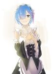  apron blue_eyes blue_hair breasts commentary_request crossed_fingers crying crying_with_eyes_open detached_sleeves frilled_sleeves frills hair_ornament hair_over_eyes hair_over_one_eye hand_up hantasy highres maid maid_apron maid_headdress pink_ribbon re:zero_kara_hajimeru_isekai_seikatsu rem_(re:zero) ribbon ribbon-trimmed_clothes ribbon_trim short_hair tears underbust wavy_mouth x_hair_ornament 