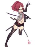  bare_shoulders beltbra black_gloves boots closed_mouth elbow_gloves gloves hand_up highres holding holding_sword holding_weapon jacket lansane looking_at_viewer navel night_seeker_(sekaiju) open_clothes open_jacket ponytail red_eyes red_hair reverse_grip scabbard sekaiju_no_meikyuu sekaiju_no_meikyuu_4 sheath short_shorts shorts signature simple_background sleeveless_jacket solo stand_(jojo) sword thigh_boots thighhighs weapon white_background white_jacket 