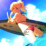  ass bikini blonde_hair blush breasts cloud commentary_request day dutch_angle fate/grand_order fate_(series) green_eyes grin hair_ornament hair_scrunchie lens_flare looking_at_viewer looking_back medium_hair mordred_(fate)_(all) mordred_(swimsuit_rider)_(fate) ocean ponytail prydwen red_bikini red_scrunchie scrunchie sg2119 side-tie_bikini sideboob sky small_breasts smile solo spiked_hair standing surfboard swimsuit v wading water 