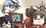  :3 :d antenna_hair bespectacled blue_hair blush brown_eyes brown_hair commentary cup_ramen dated double_bun fang from_behind glasses grey_hair hair_bun hamu_koutarou hat highres kantai_collection multiple_girls naka_(kantai_collection) one_eye_closed open_mouth red-framed_eyewear remodel_(kantai_collection) rimless_eyewear samuel_b._roberts_(kantai_collection) sitting sleeping smile sparkle star_hat_ornament television tokitsukaze_(kantai_collection) track_suit translated 